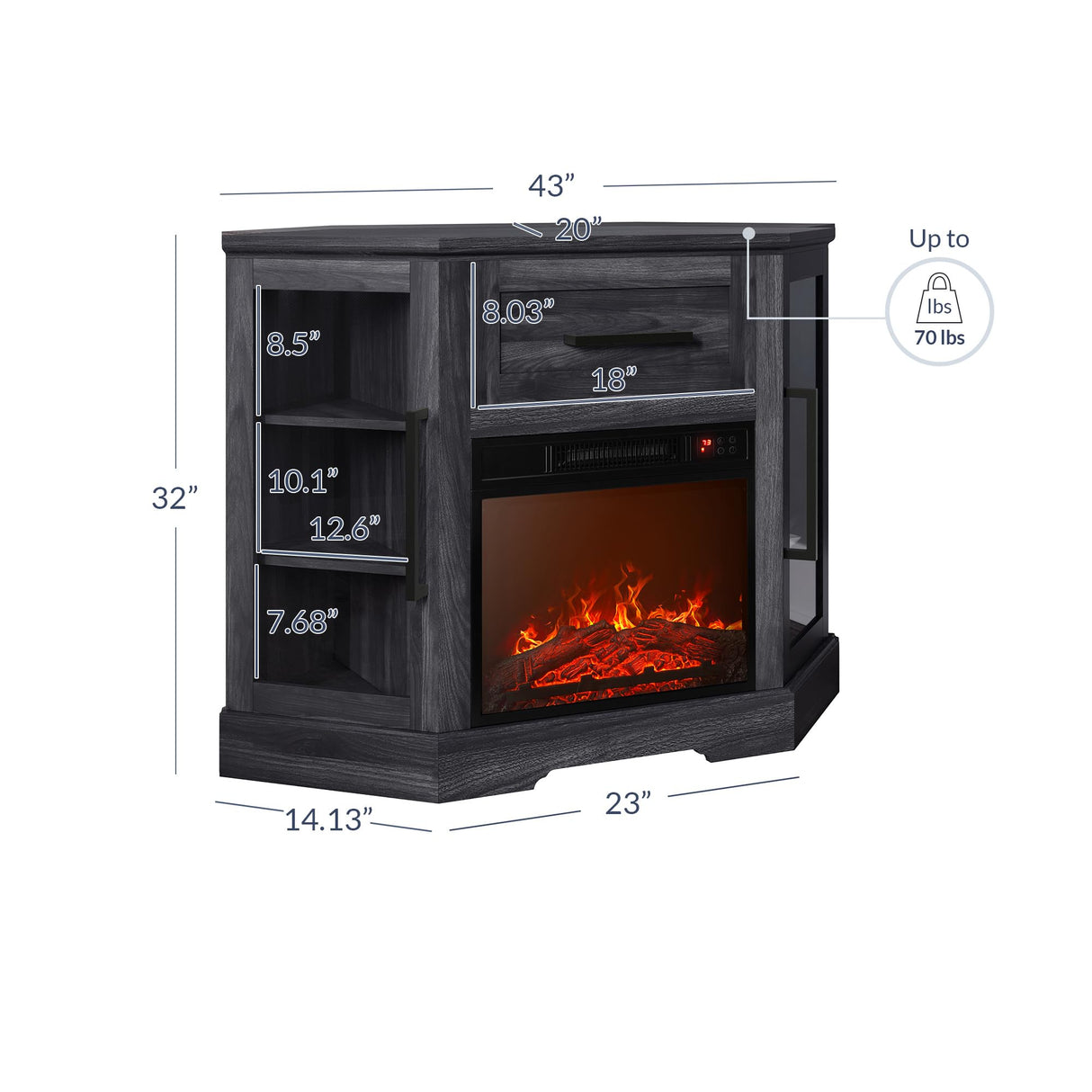 BELLEZE 43" Corner TV Stand with 18" Electric Fireplace Heater for TVs up to 43", Modern Corner Wood Entertainment Center with Glass Door Storage Cabinets - Dale (Rustic Grey) BELLEZE