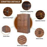 LEVNARY Wardrobe Closet with 6 Woven Doors, Walnut Armoire Wardrobe Cabinet for High Storage Capacity with Adjustable Shelves and Hanging Rail, Freestanding Tall Bedroom Closet (Walnut) LEVNARY