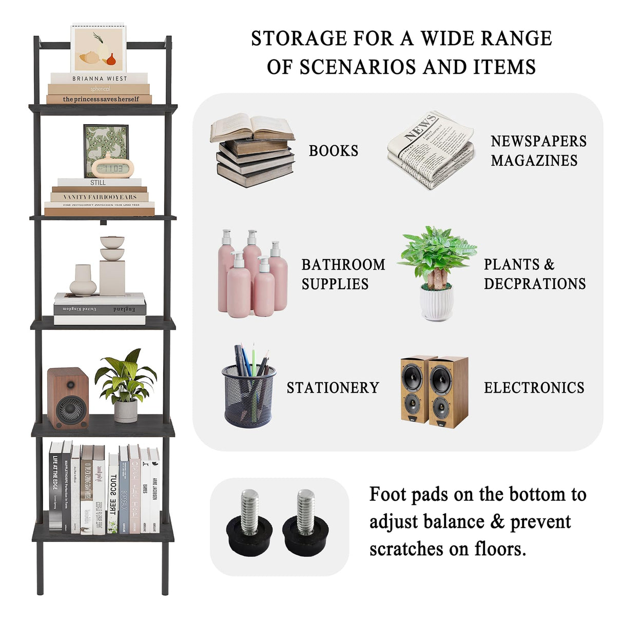 POBOMULI 5-Tier Ladder Shelf, Wall Mounted Ladder Bookshelf with Metal Frame, Wood Tall Open Storage Rack and Display Shelves for Home Office Bedroom Living Room, Black POBOMULI