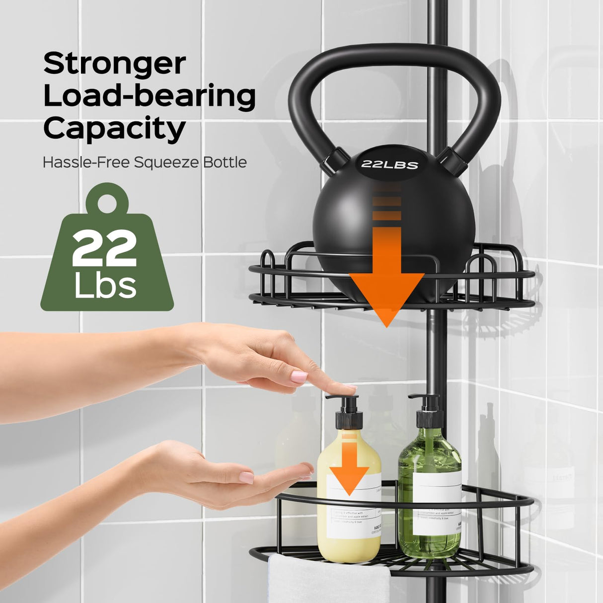 HAMITOR Shower Caddy Tension Pole: 4-Tier Rustproof Bathroom Corner Shelf Organizer for Renters - No Drill Large Shampoo Storage Rack - Adjustable 47-121 Inch - Space Saving Bathtub Accessory - Black HAMITOR