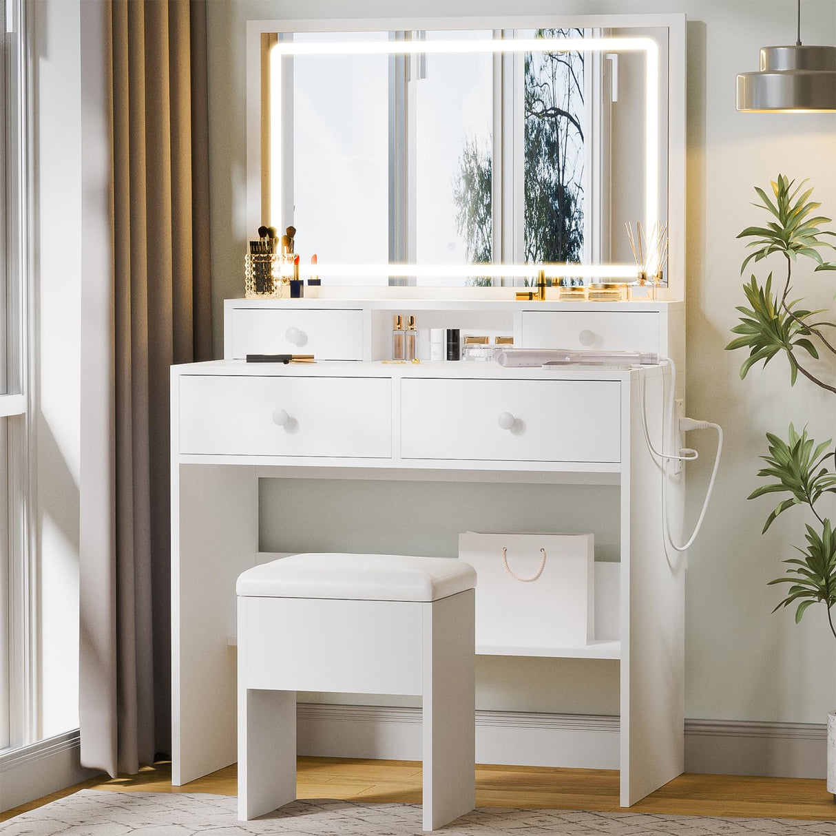 Haewon Vanity Desk with Mirror and LED Lights, White Makeup Vanity with Power Outlet, Storage Drawers and Chair, Dressing Table Set for Bedroom Dressing Room Haewon