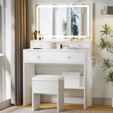 Haewon Vanity Desk with Mirror and LED Lights, White Makeup Vanity with Power Outlet, Storage Drawers and Chair, Dressing Table Set for Bedroom Dressing Room Haewon
