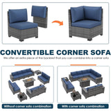 VONZOY 13 Piece Patio Furniture Set with Fire Pit Table, Outdoor Conversation Sets Grey Wicker Rattan Sectional Sofa, 4'' Thickened Cushion Navy Blue (Include Waterproof Cover) VONZOY