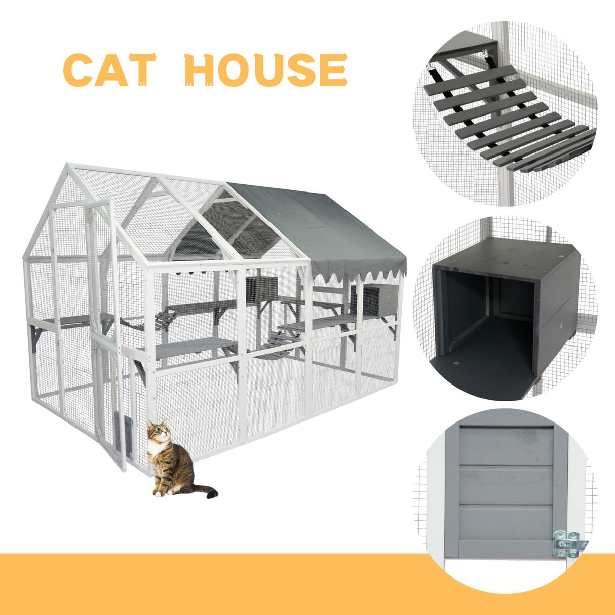 Large Catio Outdoor Cat Enclosure Walk in Cat Cage Cat Playpen Patio with Weatherproof Roof Cover, Multiple Platforms, 2 Bouncy Bridges and 2 Resting Houses White CuisinSmart