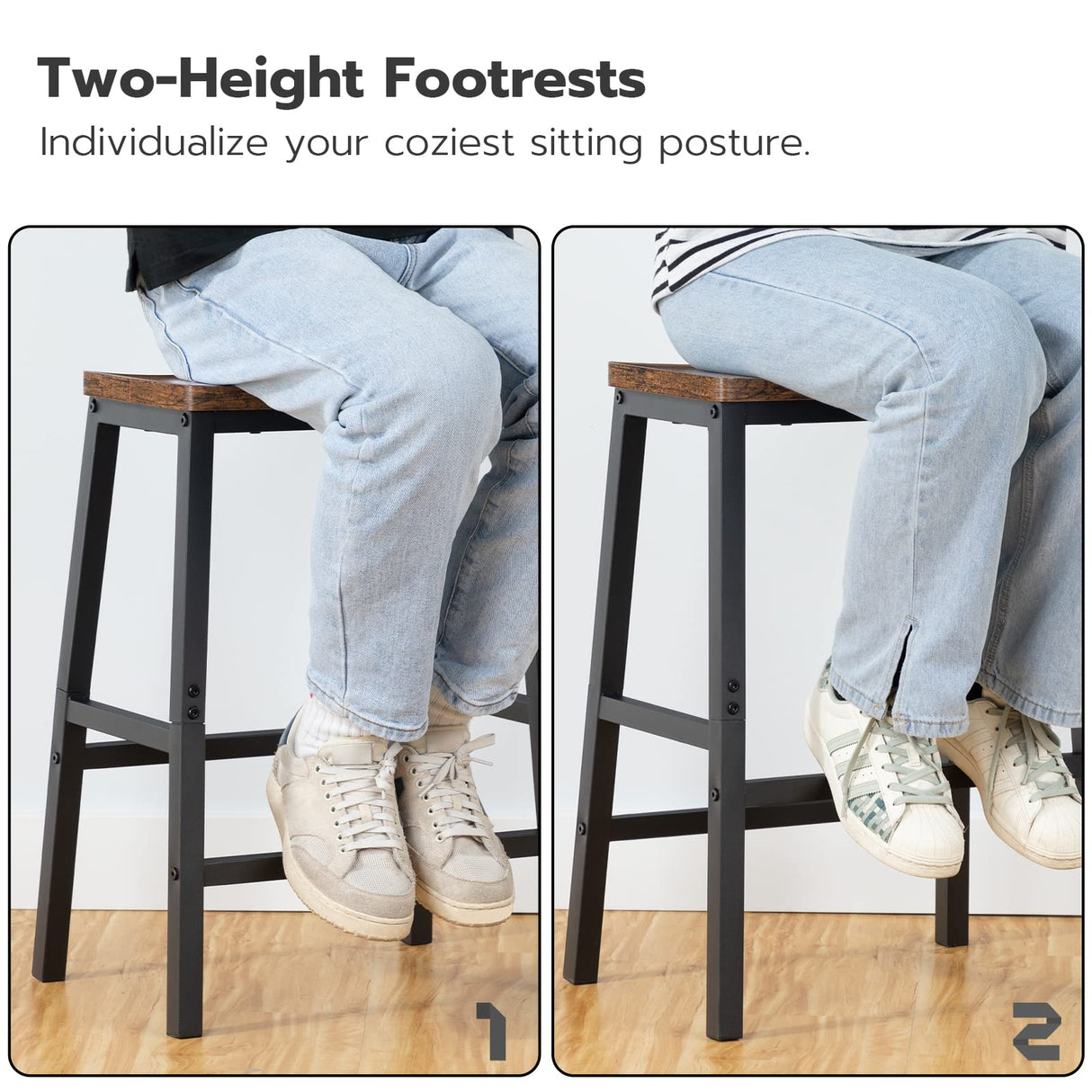 HOOBRO Bar Stools, Set of 2 Bar Chairs, 23.6 Inch Saddle Stools, Kitchen Counter Stools with Footrests, Industrial Stools for Dining Room, Kitchen, Counter, Bar, Rustic Brown and Black BF02MD01 HOOBRO