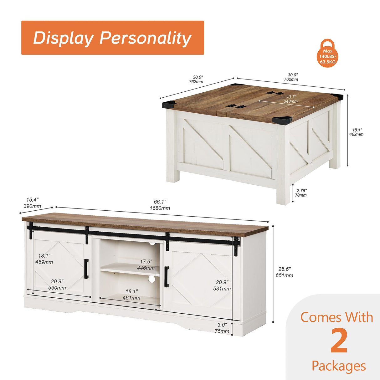 WAMPAT Farmhouse TV Stand and Coffee Table Set of 2,Modern Entertainment Center for TVs Up to 75'', Square Wood Center Table with Gas Struts Lift-Top for Living Room,White WAMPAT