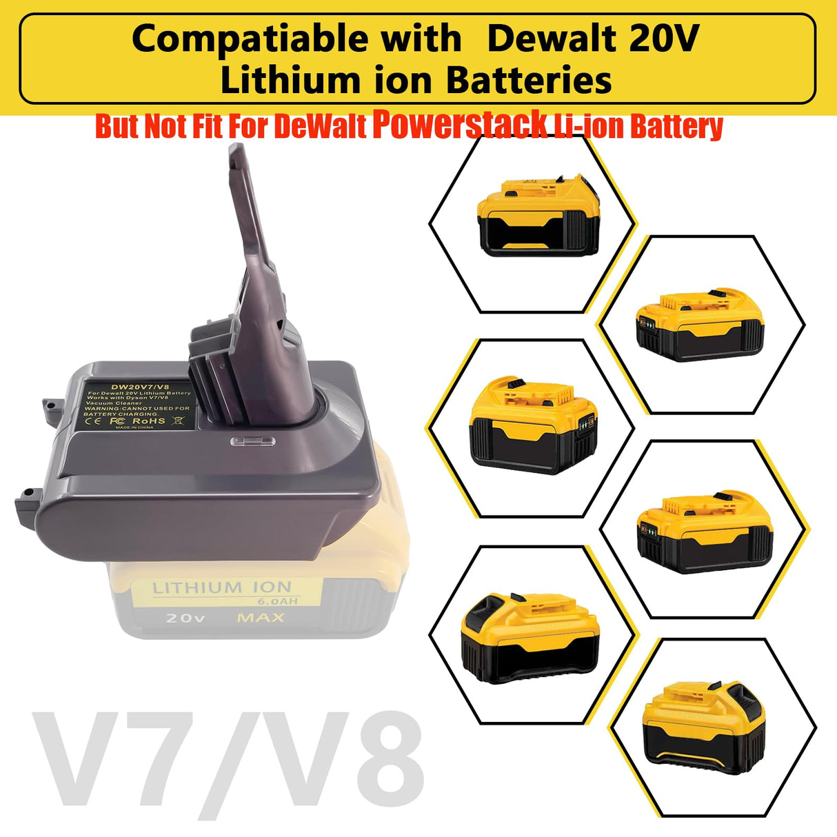 ASUNT New Version V8 V7 Battery Adapter for DeWalt 20V Lithium Battery Convert to Replace for Dyson V8 V7 Battery, Work for Dyson V8/7 Series Vacuum Cleaners V8/7 Animal V8/7 Absolute V8/7 Motorhead ASUNT