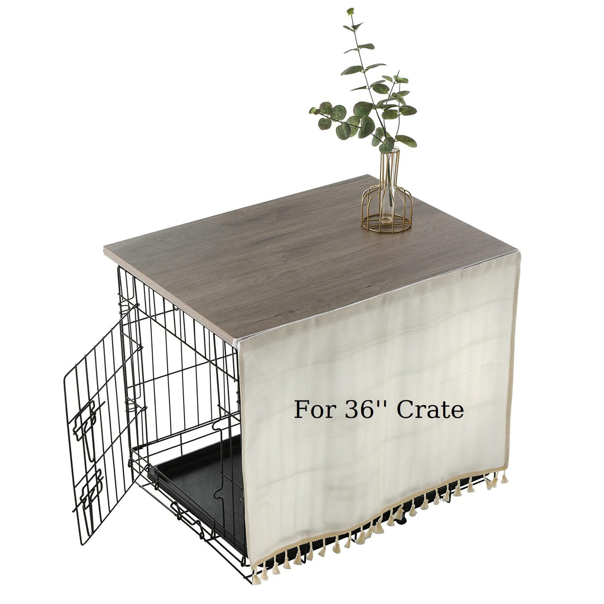 VIE DE AMAN Dog Crate Topper Wood for 48 42 36 24 inch Cages, Dog Crate Table Topper with Tassel Curtain, Rustic Style Dog Kennel Topper, Oak Grey(Dog Crate Not Include) VIE DE AMAN
