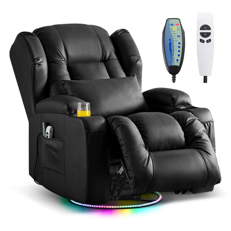 DRMBOOK Power Swivel Rocker Recliner Chairs, Electric Wall Hugger Reclining Sofa with Massage & Heat for Adults, Comfy Theater Seating Single Chair with LED Light/USB/Type-C Ports (Leather Black) DRMBOOK