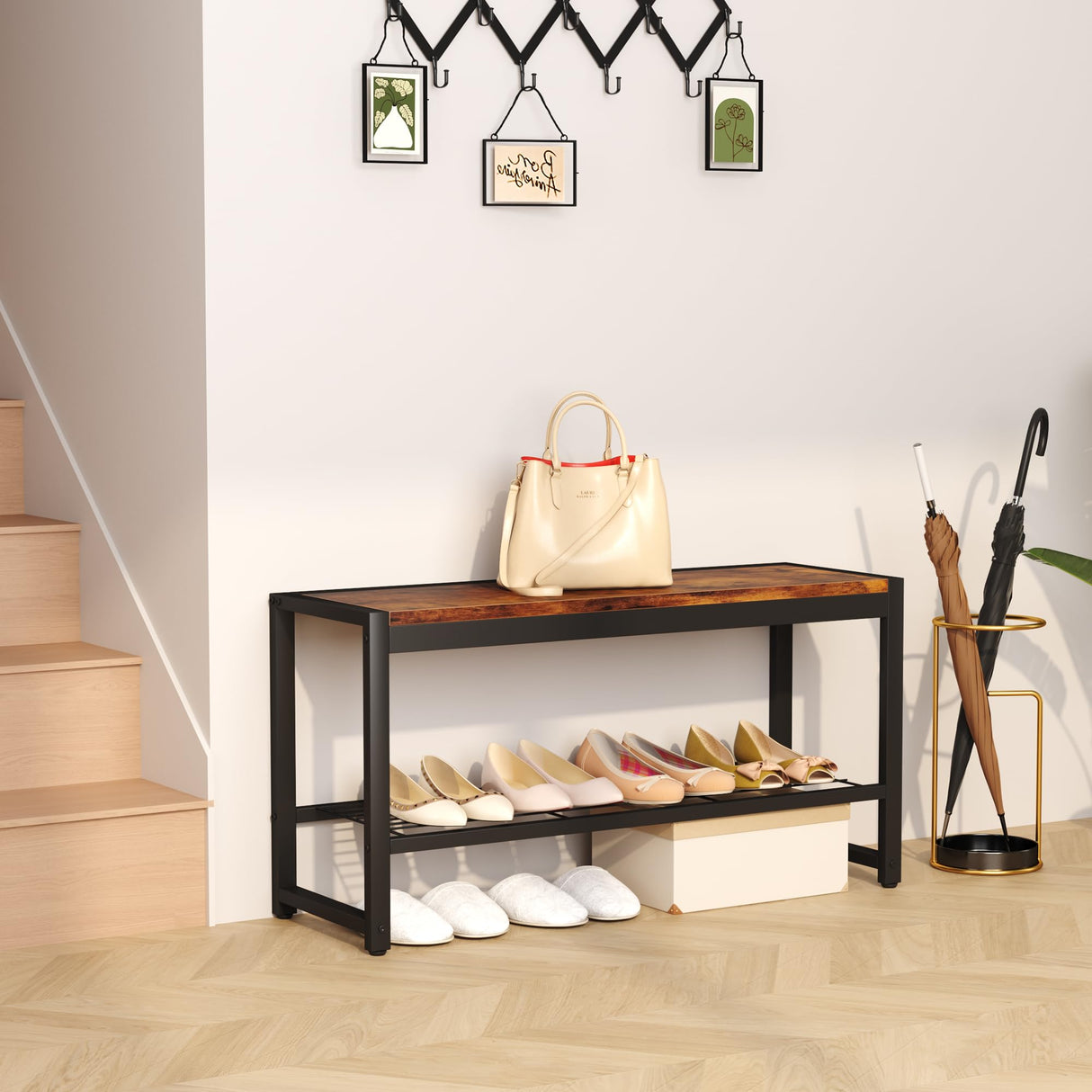 HOMEFORT Shoe Bench, Modern Industrial Shoe Storage Bench, Entryway Bench with Mesh Shelf and Sturdy Metal Frame, Metal Shoe Rack with Durable MDF Top for Hallway, Mudroom, Living Room, Rustic Brown HOMEFORT