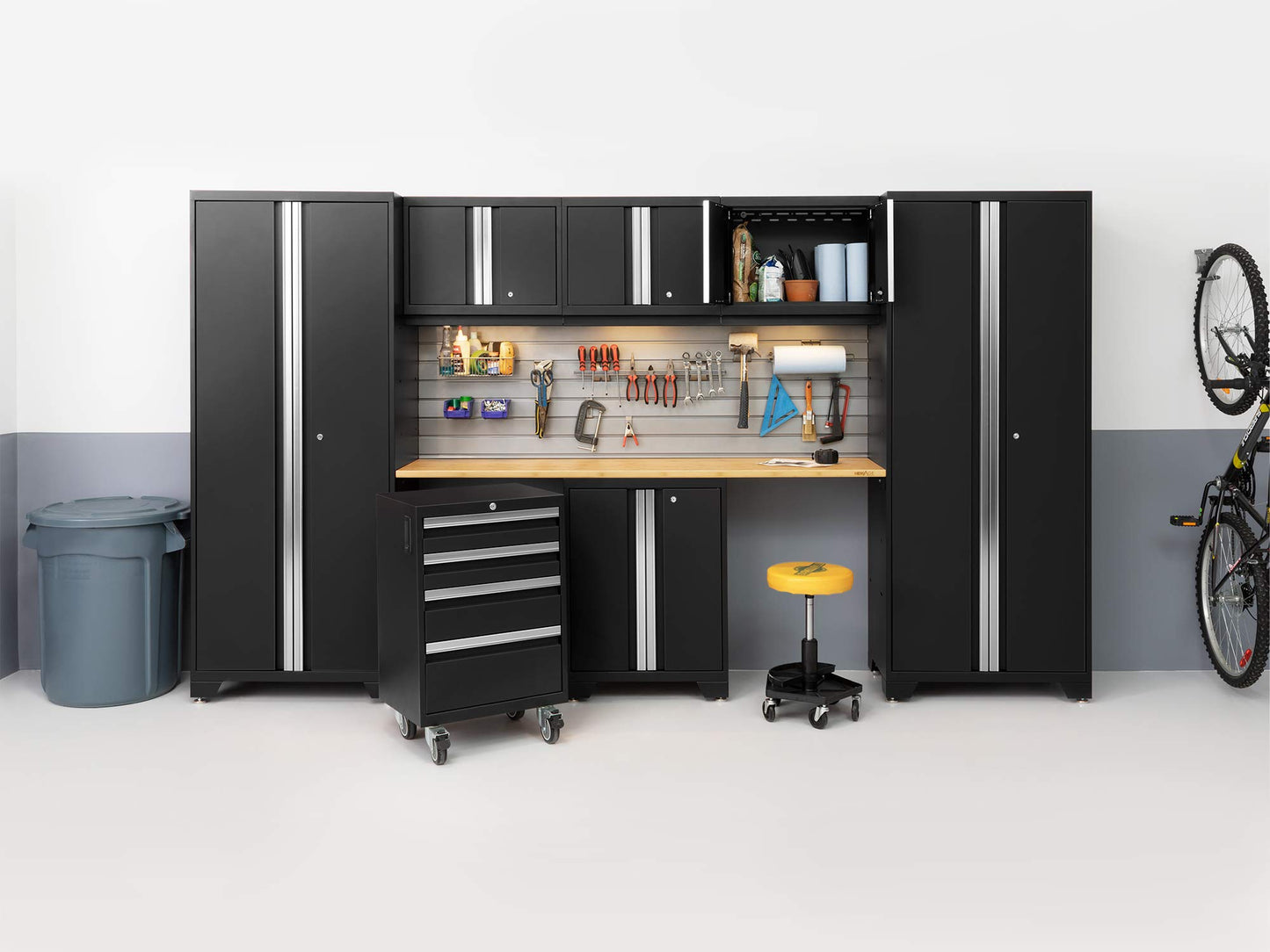 ‎‎‎NewAge Products Garage Cabinet Bold Series 10 PC Set Black Include Worktops, LED Lights, 72in. Backsplash, 3 x Wall, Two-Door Base and Rolling Tool Cabinets, 2 x Multi-Use Lockers, 63112 - WoodArtSupply