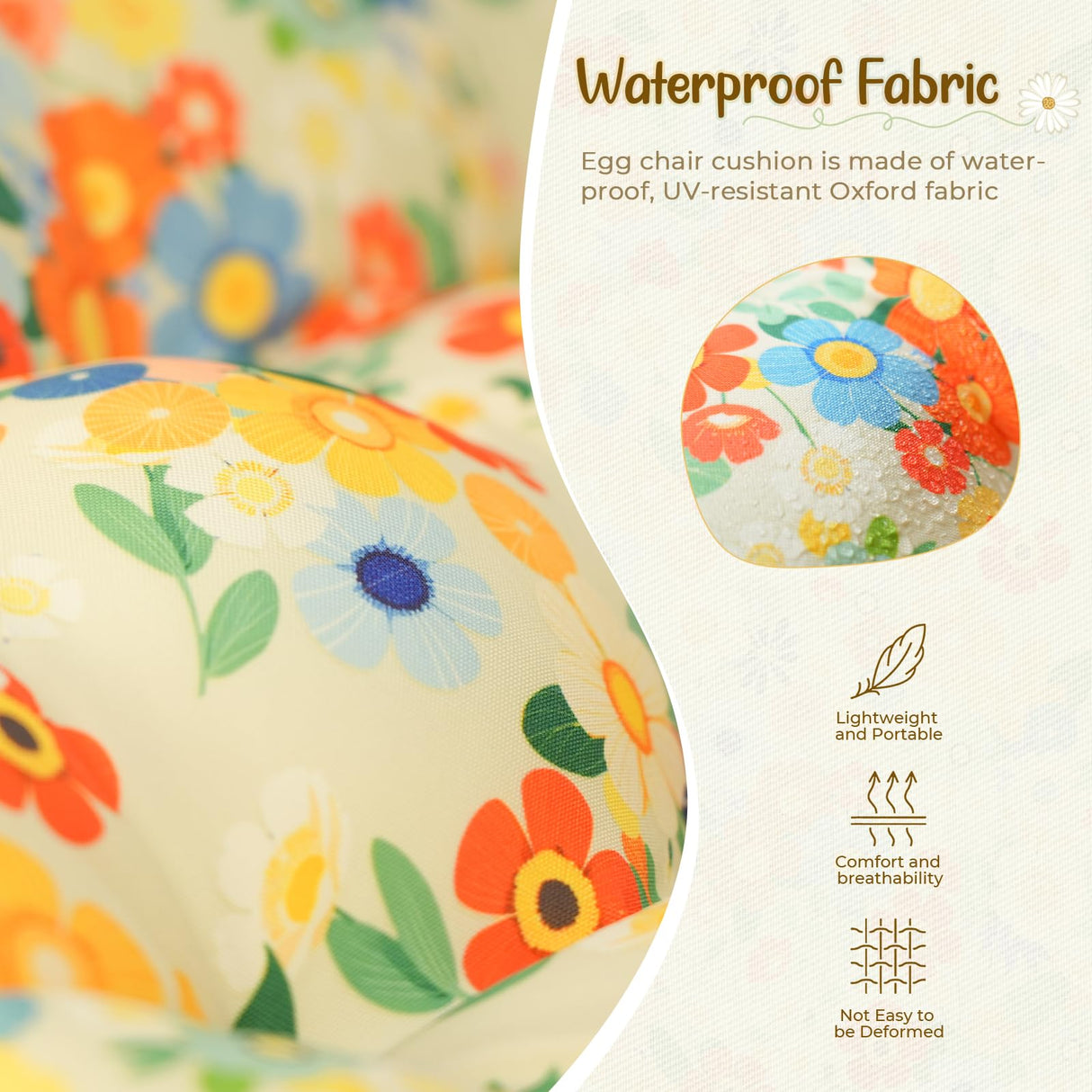 Uthem Waterproof Egg Chair Cushion Replacement 47x31.5x4.7 inch Thicken Hanging Egg Swing Chair Cushion Indoor Outdoor Wicker Rattan Hammock Basket Cushion with Headrest Pillow, Daisy Uthem