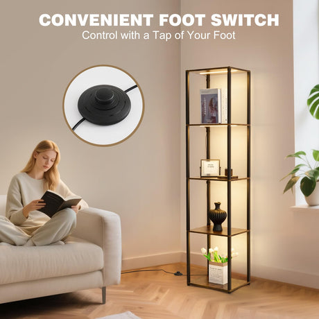 Weaboopre Display Shelf with Lights, 3 Color Temperature & Brightness Curio Collectible Floor Lamp with Shelves, Sturdy Metal Display Cabinet for Living Room, Bedroom, Office Decor Rustic Brown Weaboopre