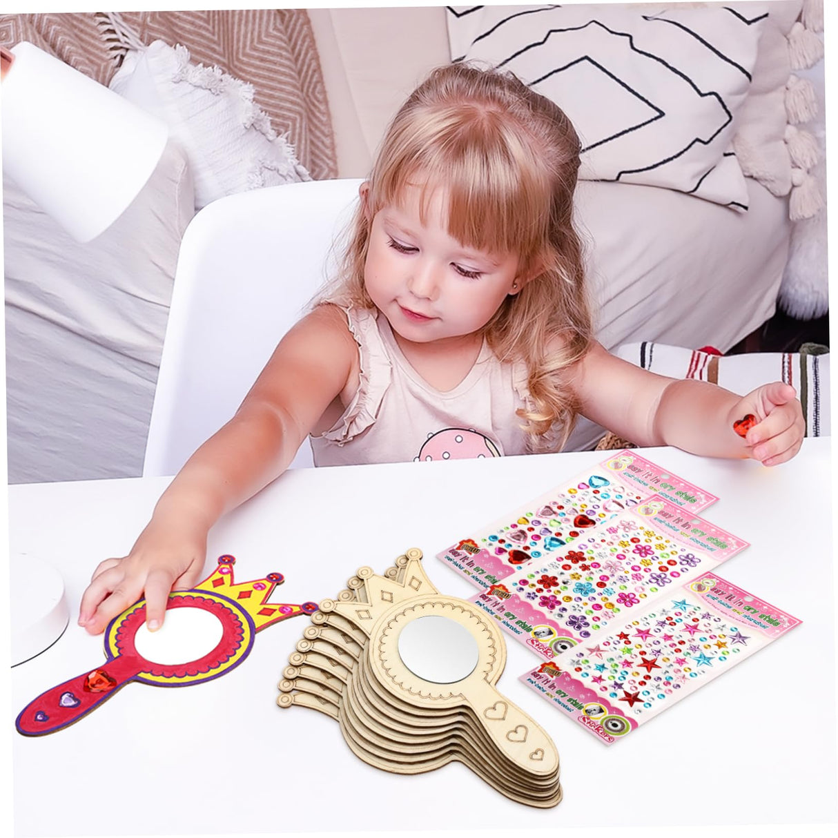 NUOBESTY 1Set Princess Mirror Craft Kit DIY Handheld Mirror with Markers Rhinestone Stickers for Birthday Party Decorations Creative Play and Learning NUOBESTY