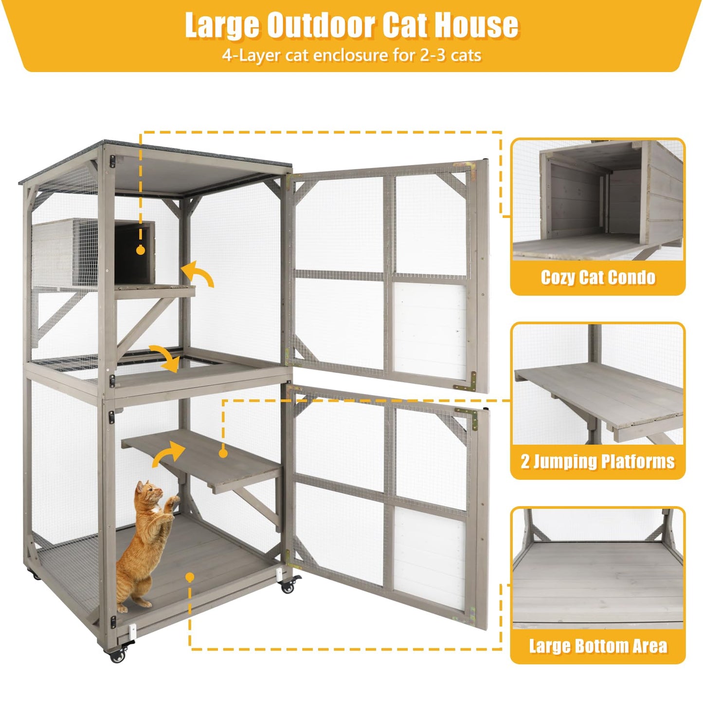 Ketive Large Wooden Cat House Outdoor Indoor Catio Cat Enclosures On Wheels, Wooden Kitty House Shelter Outside with Resting Box, Waterproof Roof, Pull-Out Tray - WoodArtSupply