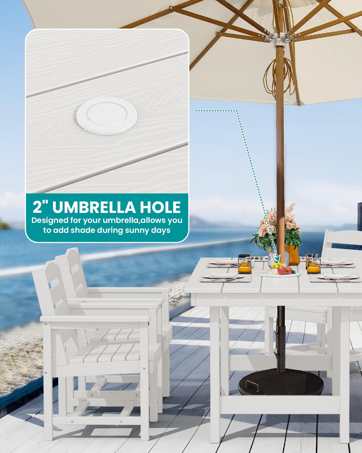 SERWALL Patio Table Set, Outdoor HDPE Dining Set with Umbrella Hole, 5-Piece - Table and 4 Chairs, All Weather for Lawn, Garden, Poolside, White SERWALL