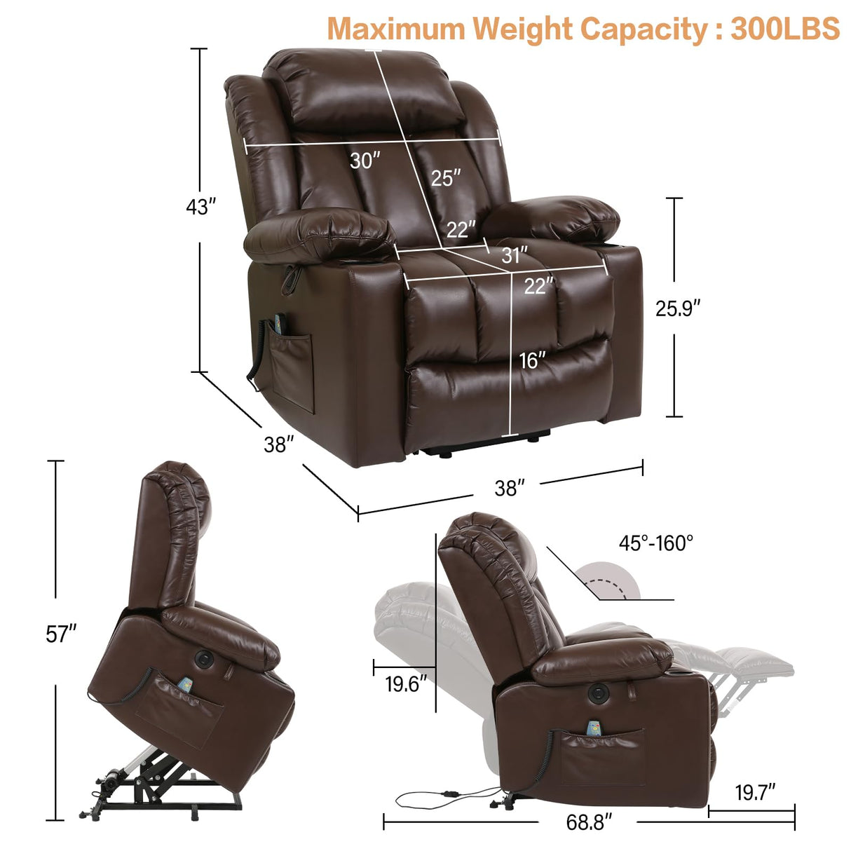 PARKOL Power Lift Recliner Chair for Elderly Breathable Leather Recliner Chair with Massage and Heat for People Limited Mobility,2 Cup Holders,Electric Stand Assist,USB Ports,Gifts for Family (Brown) PARKOL