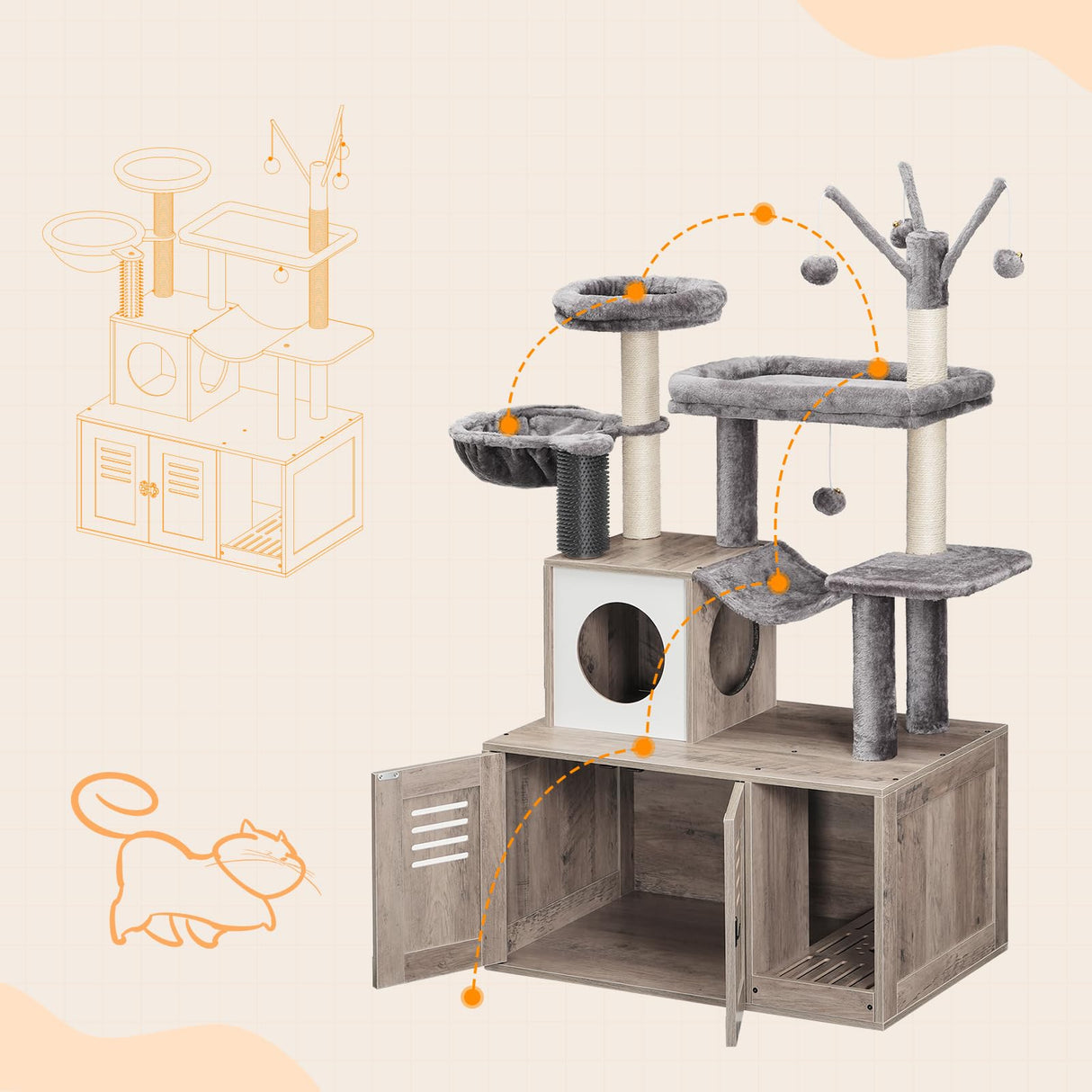 HOOBRO Large Hidden Litter Box, Cat Tree with 30.7'' Long Litter Box Enclosure, Modern Cat Tower, Cat Condos with Scratching Posts, Rubbing Post, Hammock and Teaser Sticks, Greige BG28MZ03G1 HOOBRO