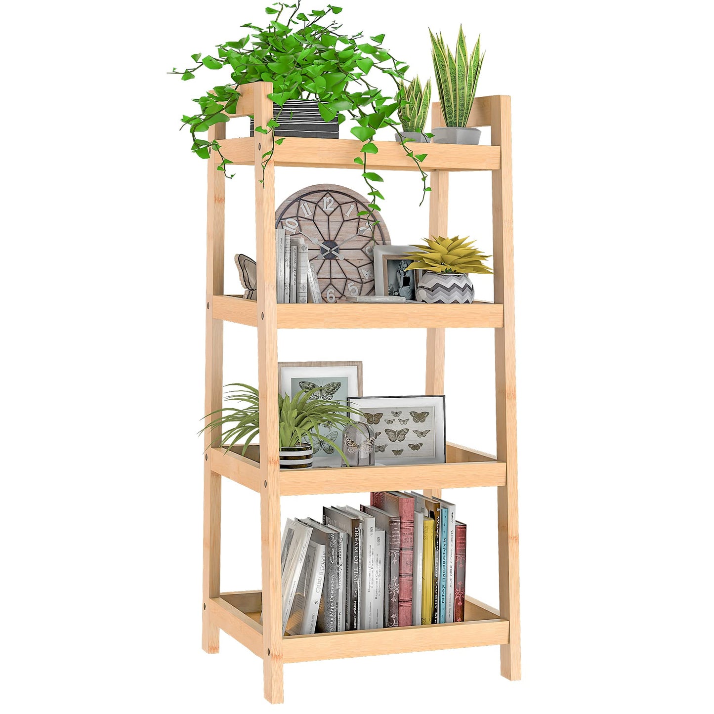 Purbambo Bamboo Bookshelf, 4 Tier Ladder Shelf, Freestanding Storage Shelf Rack for Bathroom, Kitchen, Living Room