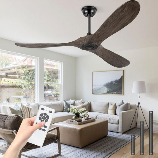 BOOSANT 60" Ceiling Fans Without Light, Solid Wood Ceiling Fan with Remote Control and Quiet DC Motor, No Light, Modern Ceiling Fan with 3 Blades, Indoor Outdoor Ceiling Fans for Patios-Deep Brown