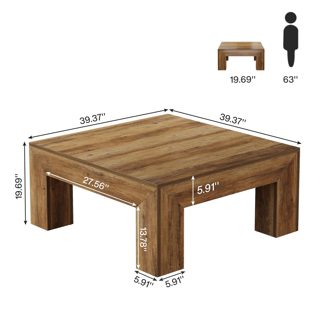 Tribesigns 39.4-Inch Square Coffee Table for Living Room, Farmhouse All MDF Accent Center Cocktail Table with Sturdy Wooden Legs, Easy Assembly, Rustic Brown Tribesigns