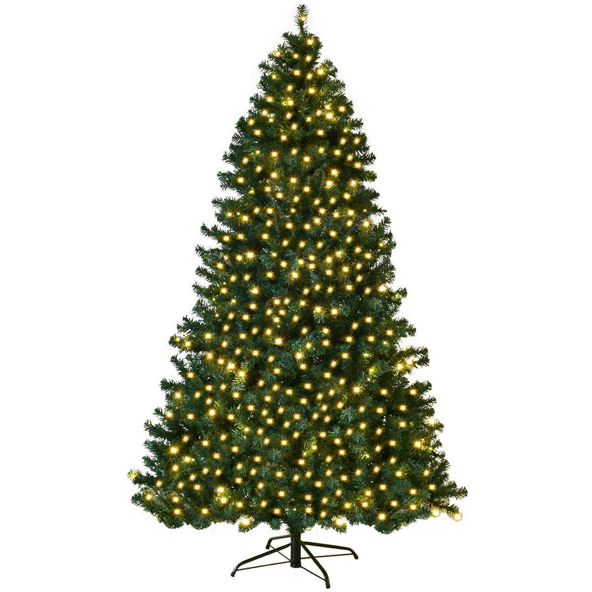 COSTWAY 7FT Pre-Lit PVC Artificial Christmas Tree Auto-Spread/Close up Premium Spruce Hinged w/ 300 LED Lights & Metal Stand, Green (7 FT)