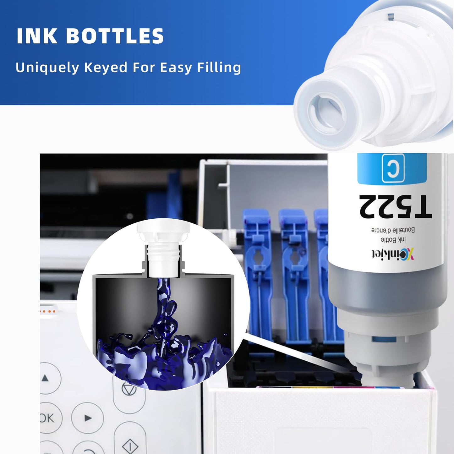 Xcinkjet 522 Ink Refill Bottles for Ecotank ET-2800 ET-2720 ET-2803 ET-4800 ET-2760 ET-2800 ET-4700 T522 Eco Tank Printer (2BK C M Y)