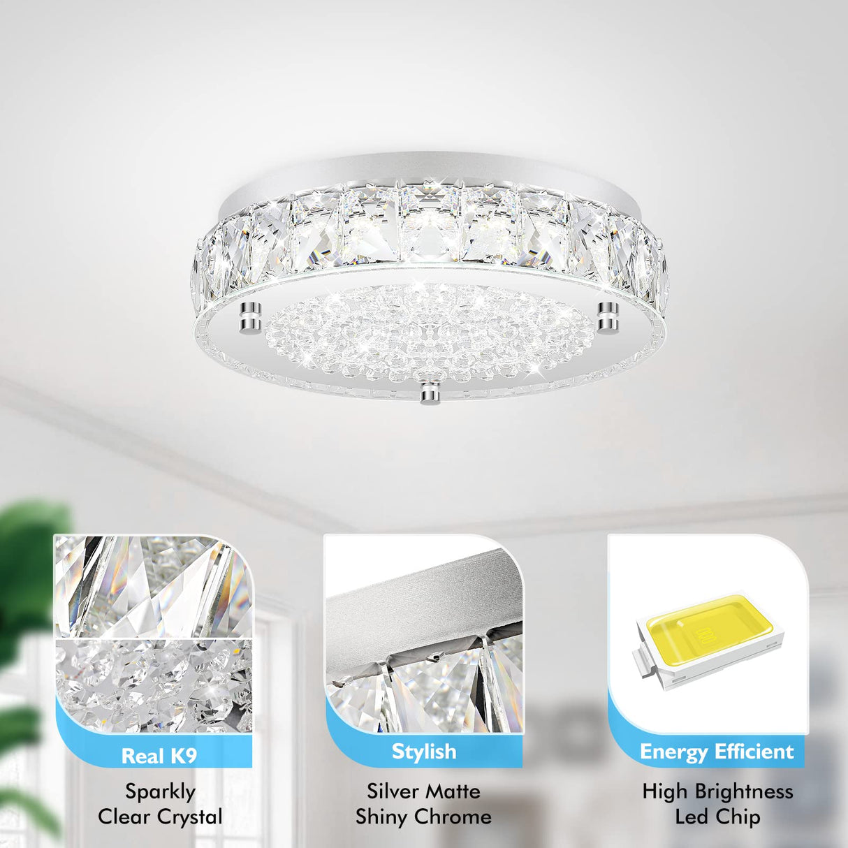 Crystal Chandeliers Flush Mount LED Ceiling Light Fixture, 5000K Daylight White Super Bright 1980LM 11-Inch Non-Dimmable Farmhouse Kitchen Light Modern Ceiling Lamp for Bedroom Bathroom Nursery Brightever