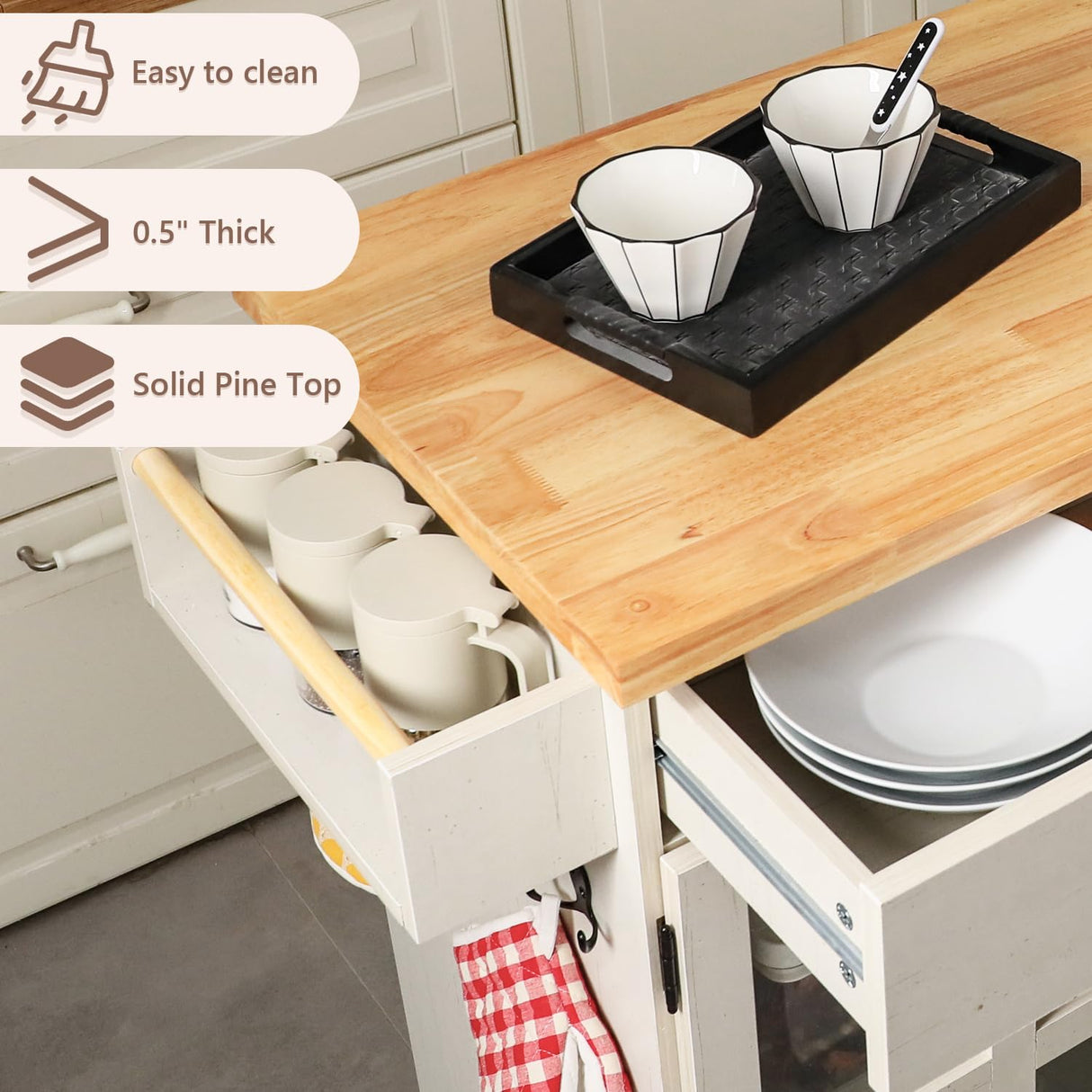 UNDUSLUY Rolling Kitchen Island with Storage on Wheels, 37.4" Island Table for Kitchen with 2 Drawers, Adjustable Shelves, Towel & Spice Racks, Solid Pine Top - Warm Beige UNDUSLUY