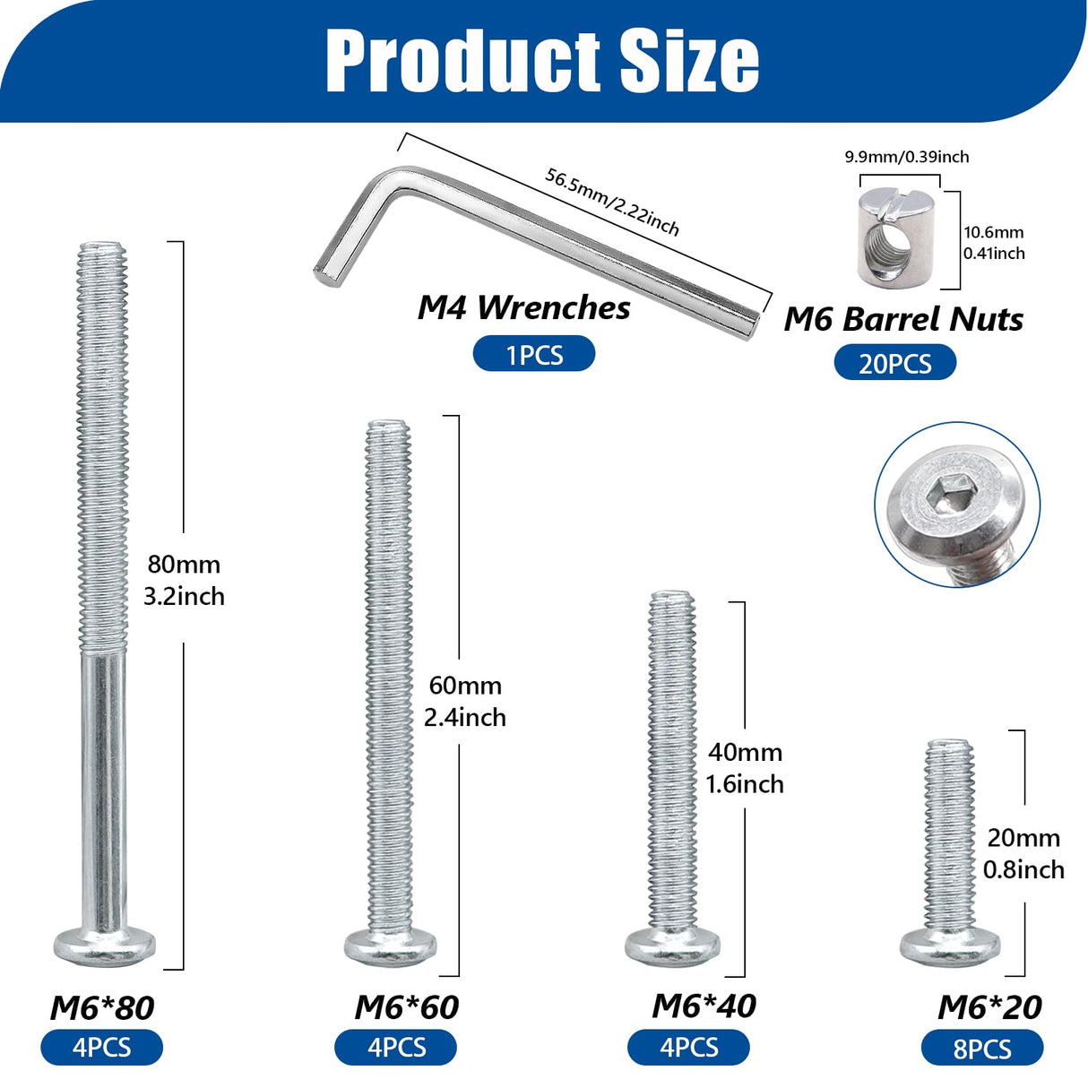 Taiss 20 Set Crib Screws M6x20mm/40mm/60mm/80mm Baby Bed Crib Screws Hardware Replacement Kit,Bunk Bed Bolts Hex Socket Cap Screws Bolt with Barrel Nuts/Wrenches for Beds Furniture Headboards Taiss