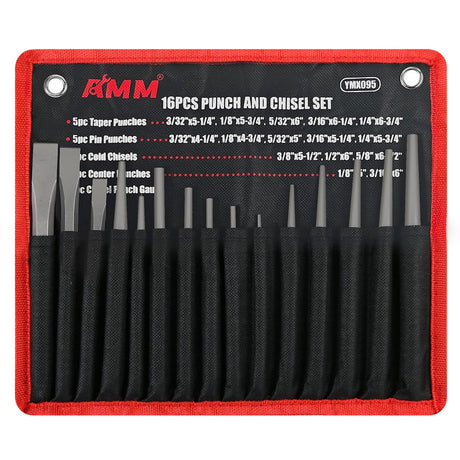 AMM 16PCS Punch and Chisel Set, including Taper Punch, Cold Chisels, Pin Punch and Center Punch, Cr-V for Working with Wood, Metal, Automotive AMM