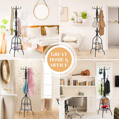 Coat Rack, Freestanding Coat Rack with 20 Hooks and 2 Storage Shelf, 14.8"L x14.8"W x 65"H Coat Tree for Clothes, Hats, Bags, Jacket, Umbrella, Home Decor for Entryway, Hallway, Bedroom, Office