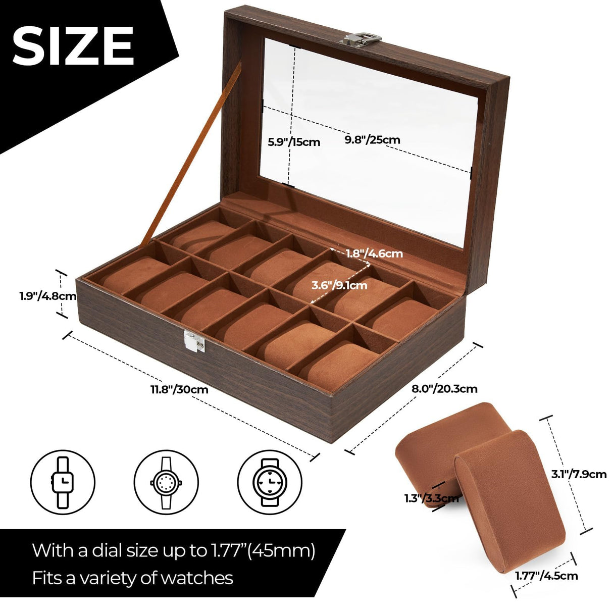 Ohuhu Watch Cases for Men, 12-Slot Watch Box Wood Grain PU Leather - Watch Case Holder Real Glass Lid Jewelry Storage Soft Velvet Watch Organizer Box for Men and Women Fathers Day Ohuhu