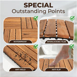 Pack of 10 Deck Tiles - 12"x12" Interlocking Natural Solid Acacia Wood for Outdoor & Indoor, Patio Garden, Balcony, Poolside - Teak Color AN68