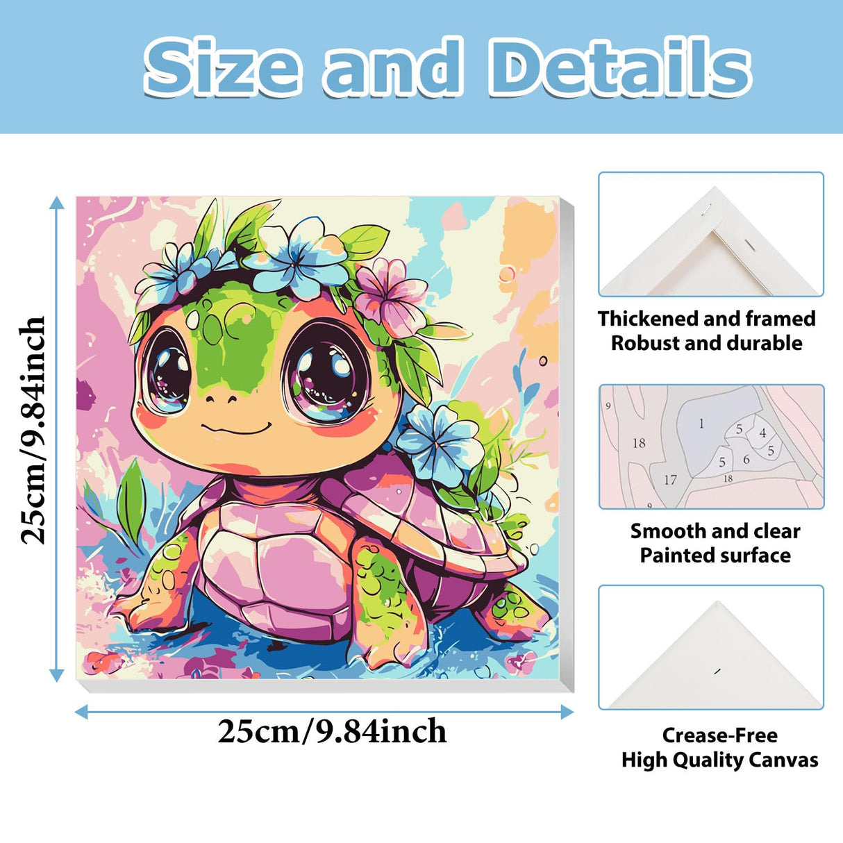 hkejoi Turtle Paint by Numbers Kit for Kids Age 8-12, Turtle Paint by Numbers Framed Flowers Paint by Number with Frame, Framed Paint by Number Kits on Canvas with Box 9.84x9.84 inch hkejoi