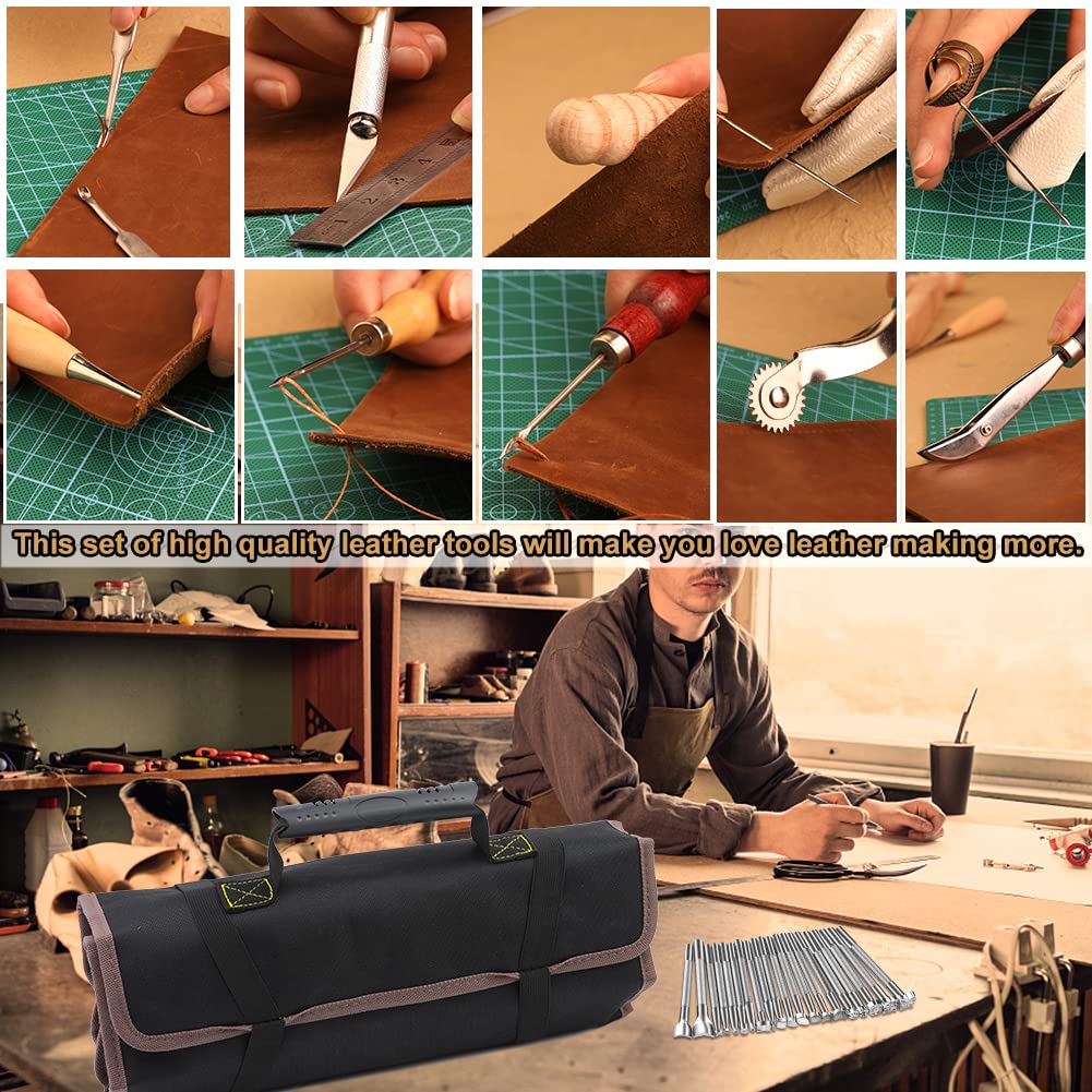 Tikjiua 456Pcs Leather Working Tools with Apron and Tooling Bag, Leather Craft Kit with Tools for Stamping, Carving, Sewing, Beveling, Cutting, Crafting Tikjiua