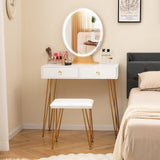 CHARMAID Makeup Vanity Table with Lighted Mirror, Vanity Desk with 2 Large Drawers, Adjustable 3 Lighting Modes, Modern Girls Bedroom Vanity Table with Chair for Small Spaces, White & Gold CHARMAID