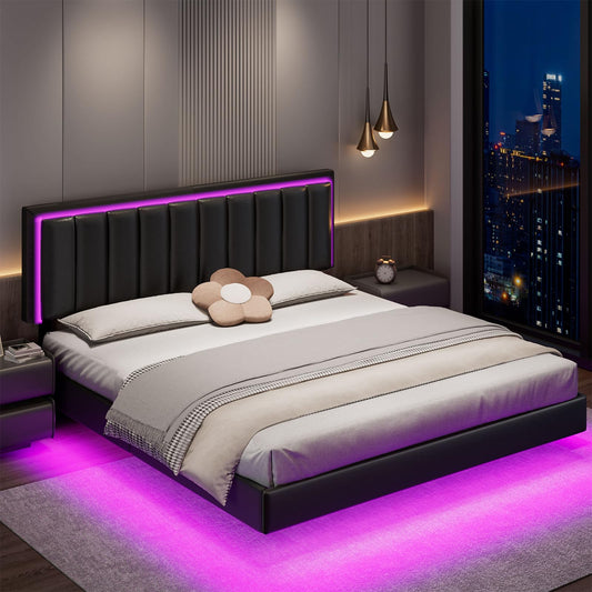 Immerstable King Floating Bed Frame with RGB LED Lights and Upholstered Headboard - WoodArtSupply