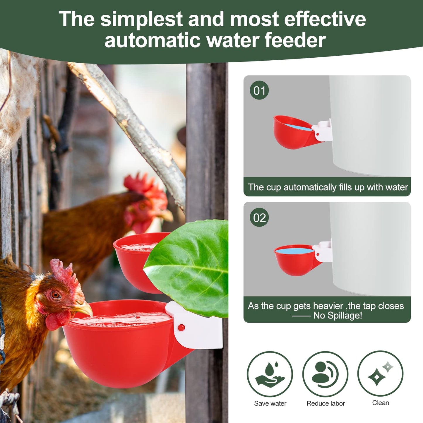 Psarnuk Chicken Waterer Cups (8 Pack/Red) - DIY Automatic Large Chicken Water Feeder for Ducks,Chicks, Turkeys, Quail, Bunny, Bird and Other Various Poultry Dispenser with Matching Drill