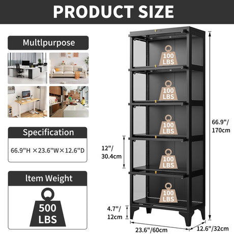 Lucky Monet 5 Tier Curio Display Cabinet with 13-Color LED Lights & Flip-Up Glass Doors, 3-Side Glass Lighted Display Case for Collectibles, Figures, Books, 67" Metal Storage Cabinet, Black Lucky Monet