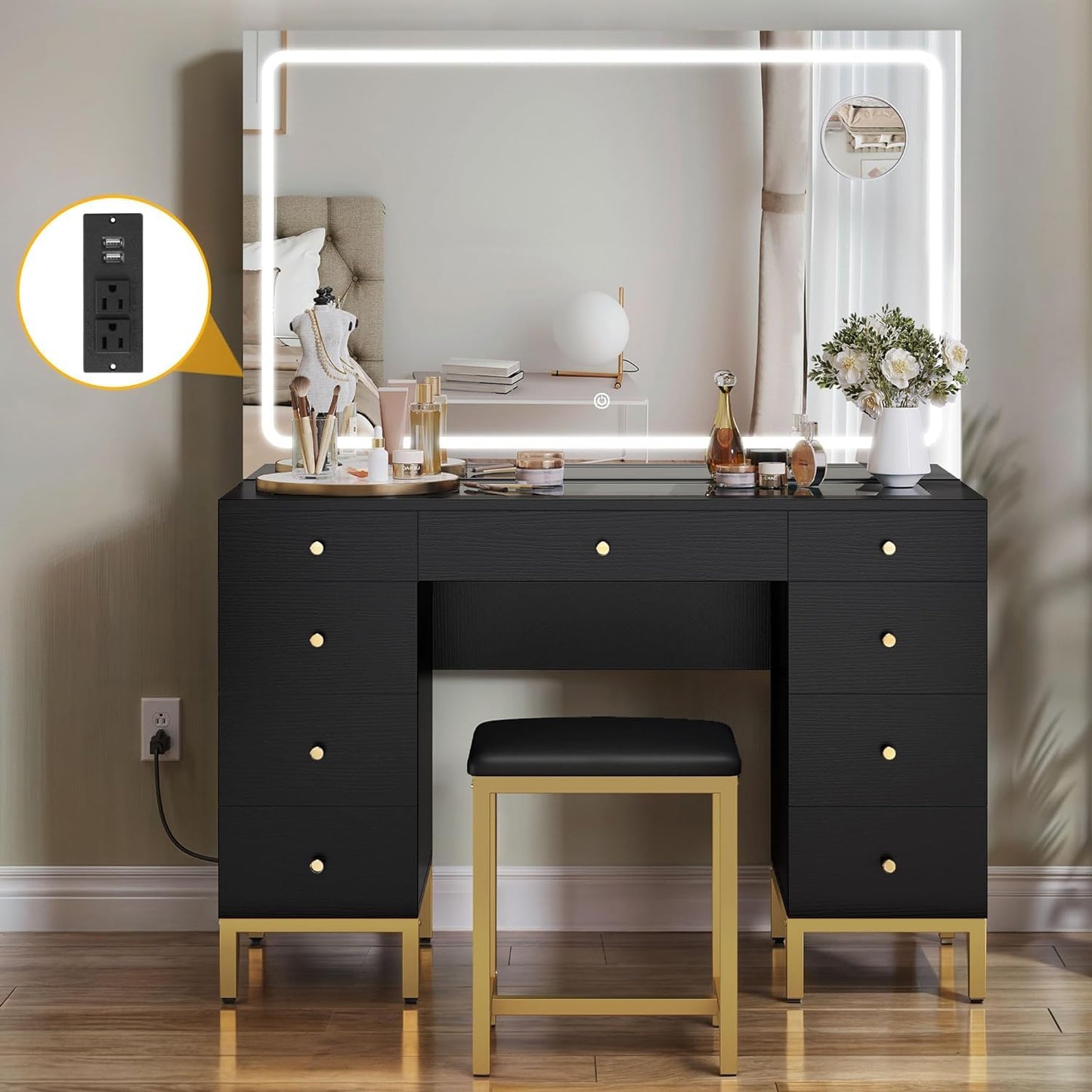 DWVO Large Black Makeup Vanity Desk Set with LED Mirror & Charger Station, Glass Top Vanity with 9 Drawers and Adjustable 3 Color Lighting Modes, Vanity Desk with Chair