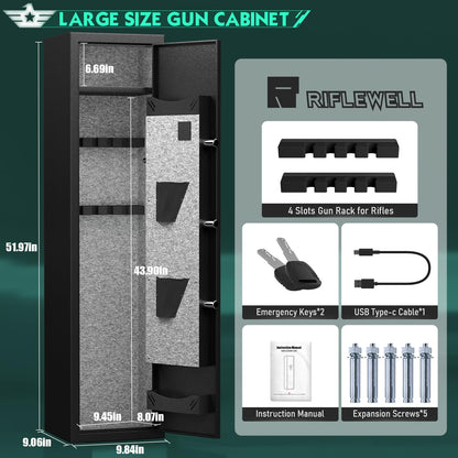 RIFLEWELL [2024 NEW] 2-3 Rifle Gun Safe, Digital Keypad Large Long Gun Safe for Home Rifle and Shotguns, Quick Access Gun Cabinets with LED Light, Gun Safe with Adjustable Gun Rack and Remova - WoodArtSupply