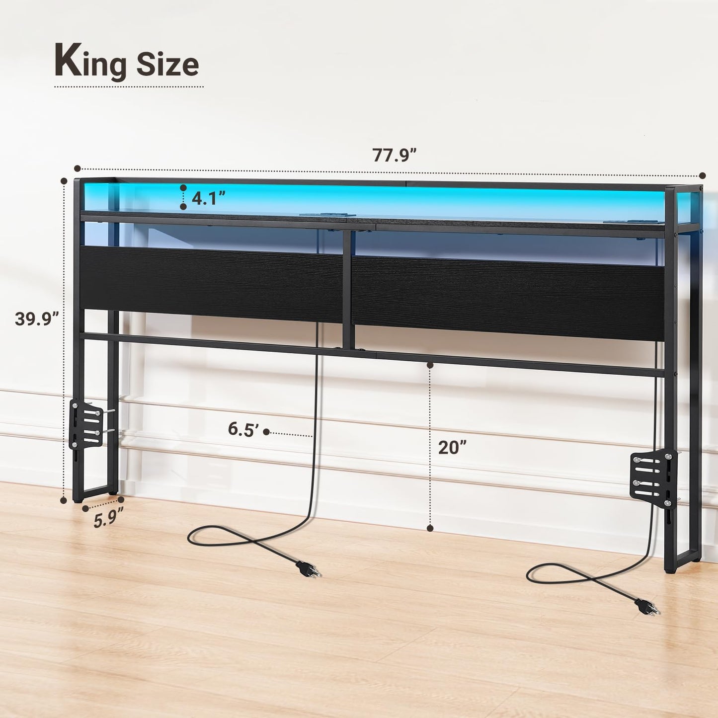 ELYKEN King Size Headboard with Power Outlet & LED Strip Light - Versatile, Easy Assembly in Black - WoodArtSupply