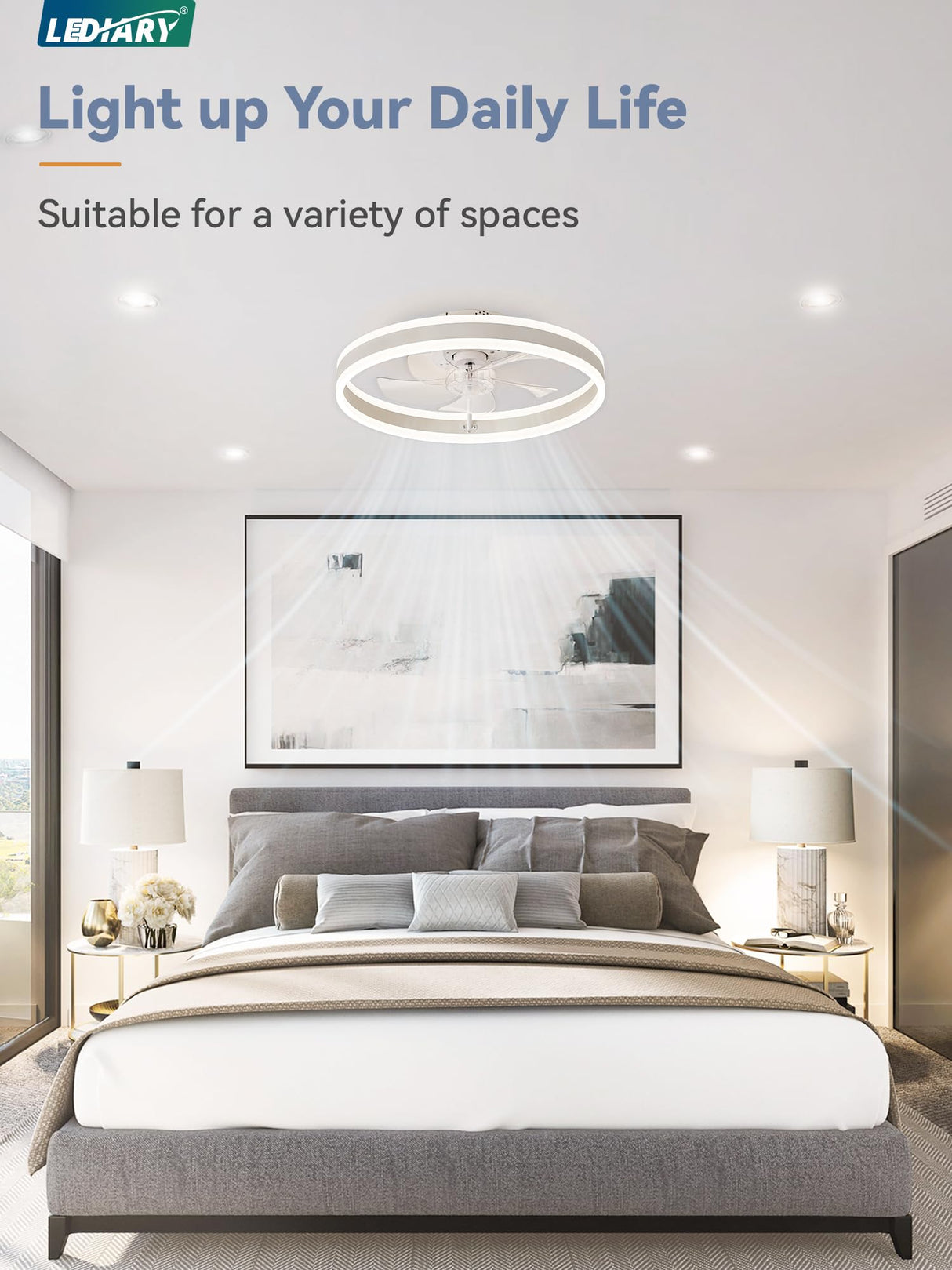 LEDIARY Low Profile Ceiling Fans with Lights, Flush Mount Modern Ceiling Fan and Remote Control, 19.7" LED Ceiling Fans, Stepless Dimmable 3 Colors and 6 Speeds - White LEDIARY