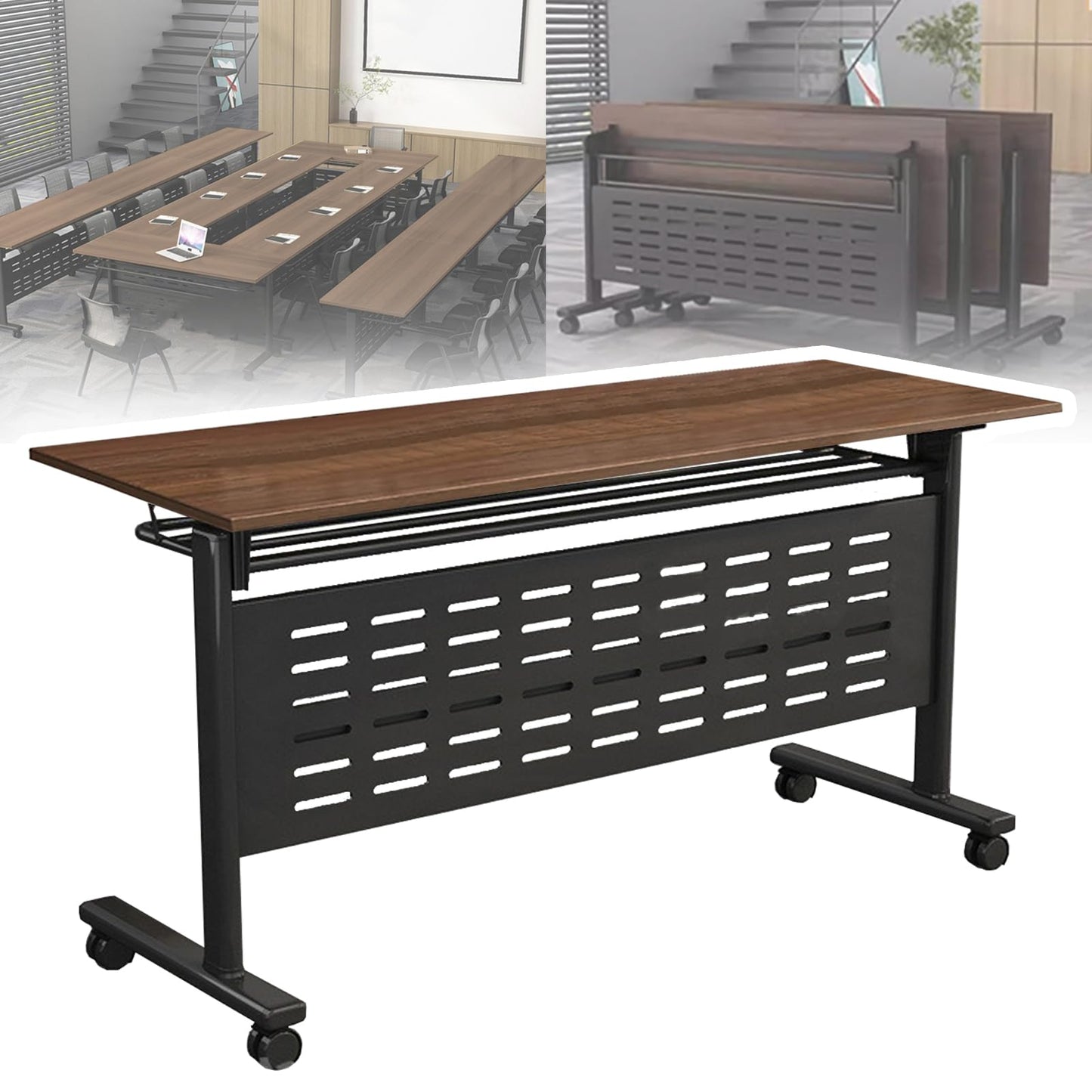 Folding Conference Table, Foldable Conference Rooms Training Rooms Flip Top Mobile Training Table, With Caster Wheels Long Seminar Table for Meeting Room, Rectangular Modular Conference Room  - WoodArtSupply