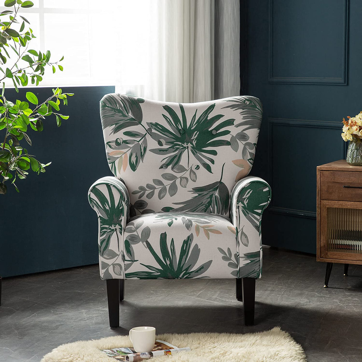YOLENY Mid Century Wingback Arm Chair,Modern Upholstered Fabric High Back Accent Chair with Wood Legs,Upholstered Single Sofa Club Chair for Living Room, Bedroom, Home Office, Green Leaves YOLENY