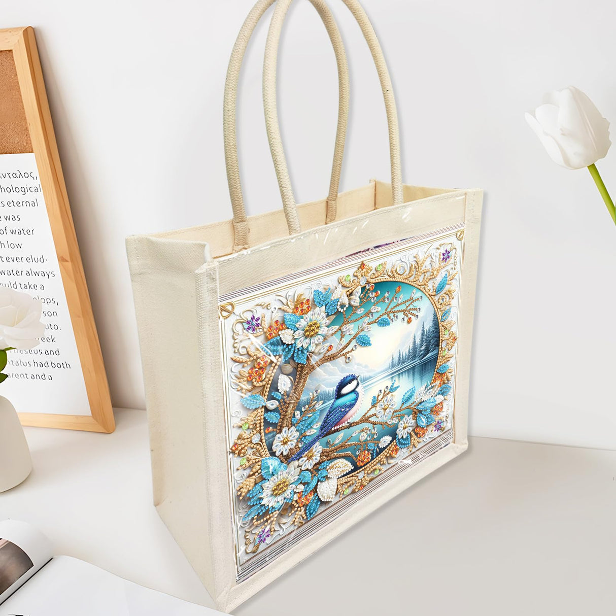 BAYUNOE Handbag Handmade Diamond Art Painting Purses Non-woven DIY Shoulder Grocery Bag Shopping Bag for Women Art Craft Gift-Lake BAYUNOE