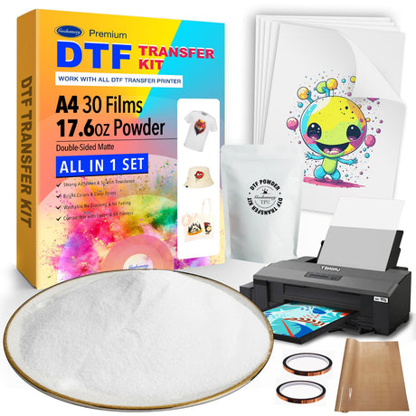 Premium DTF Kit Transfers for T-Shirts & Apparel with 17.6oz Transfer Powder & 30pcs A4 Transfer Paper, Eco-Friendly Materials Vivid Color, for Any Sublimation Printer, Ideas on T-Shirts, Starter Kit Goohomeey