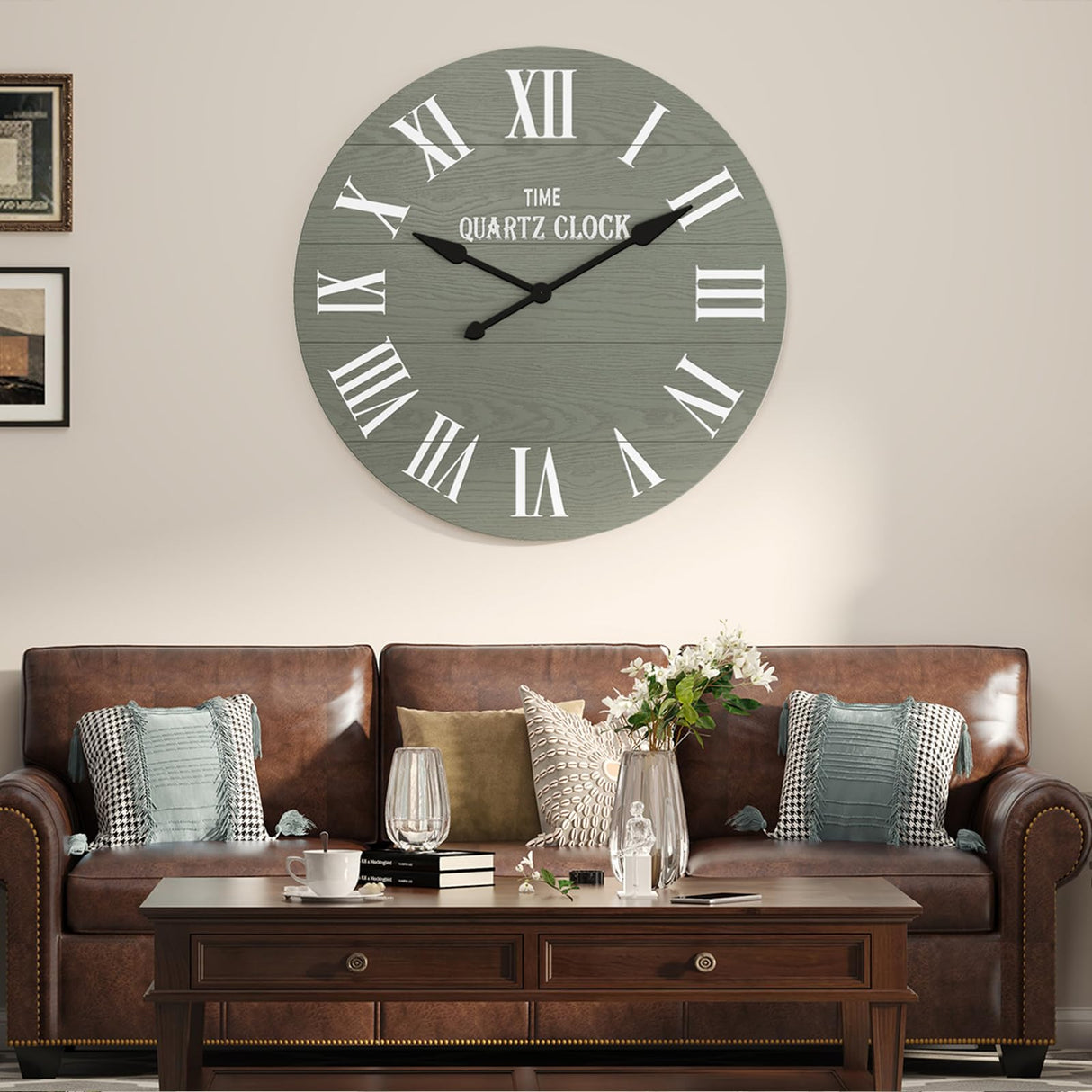 ARTPOWER Large Farmhouse Wall Clock, 35.5” Shiplap Wall Clock with Roman Numeral, Nearly Non-Ticking, Round Wall Clocks for Living Room Decor, Office, Bedroom, Entrance, Sage Green ARTPOWER