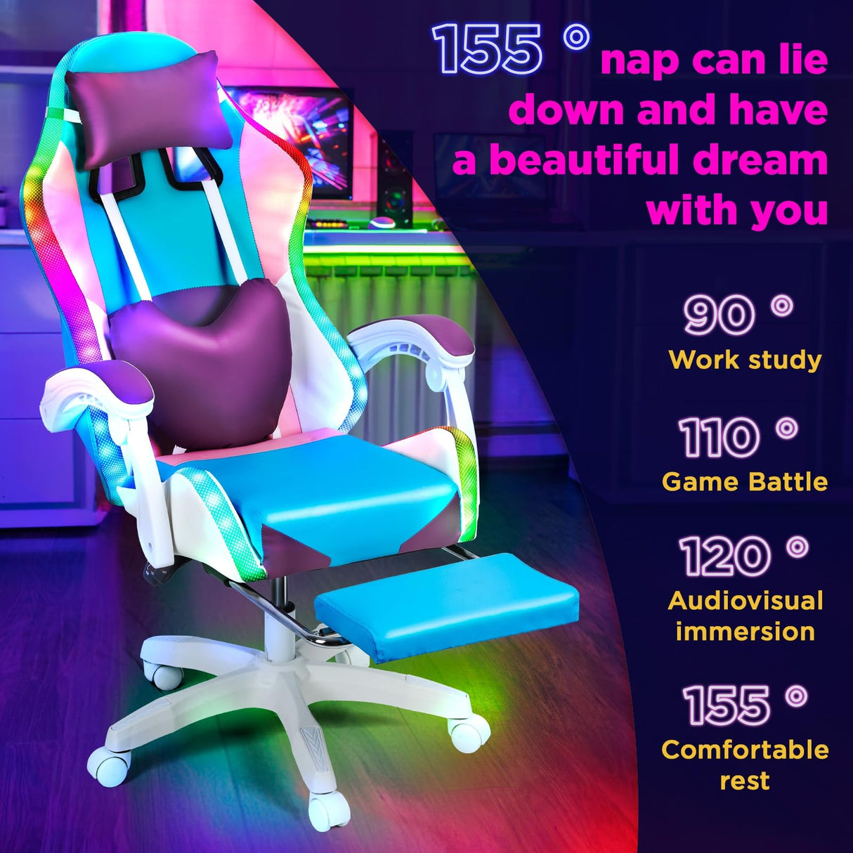 BESUFY Gaming Chair with LED Lights, Girl Video Chair, Ergonomic Computer Chair with Massage and Footrest, Heart Backrest, Height Adjustable Swivel Reclining Video Game Chairs for Adults Purple BESUFY